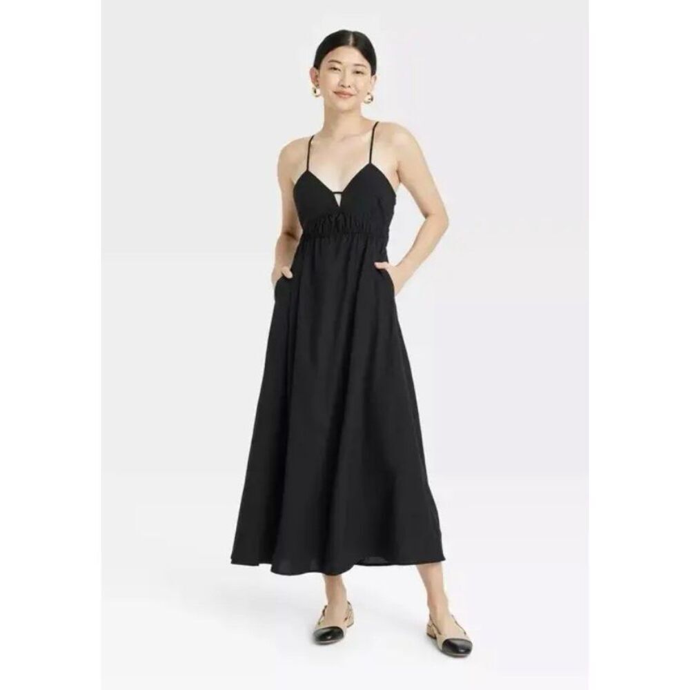 A New Day black deep V maxi dress with spaghetti straps and chest cutout - M